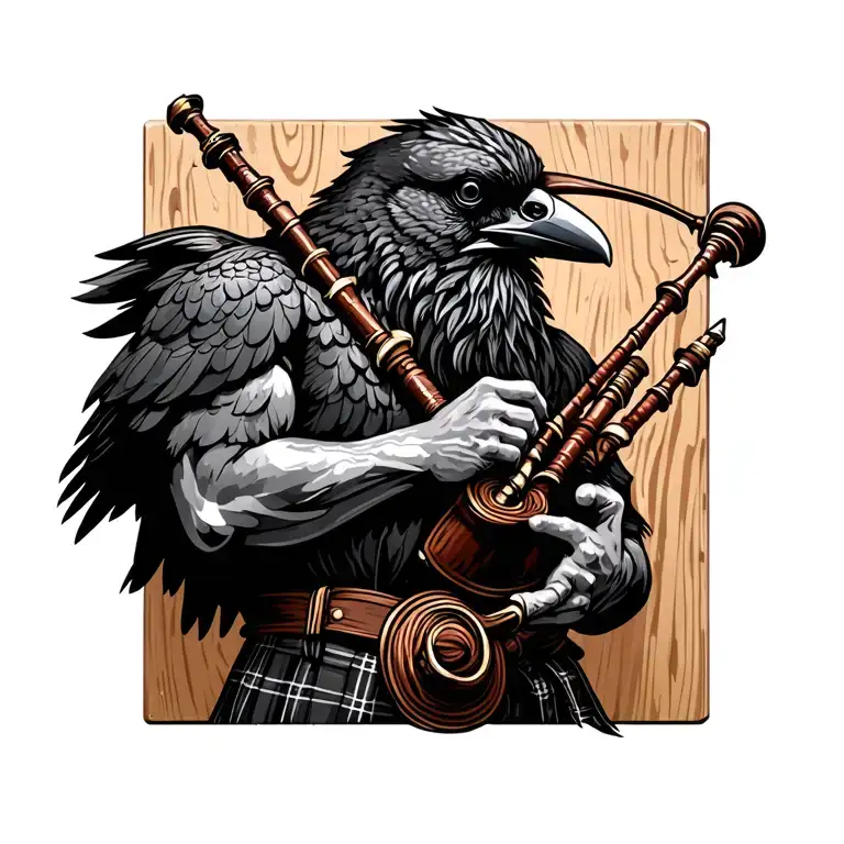 designs on wood carving crow muscular  bagpiper playing the bagpipes baldblack beard tattoo design idea