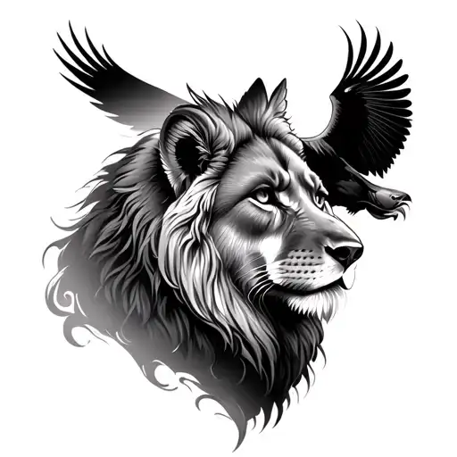 A composite image for a tattoo of a lion looking to the right, a fox looking to the left, and an eagle flying above. tattoo design idea