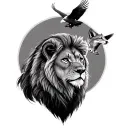 A composite image for a tattoo of a lion looking to the right, a fox looking to the left, and an eagle flying above. tattoo design idea