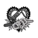 Doily bordered heart shape with a chainsaw and flowers in the center focal point tattoo design idea