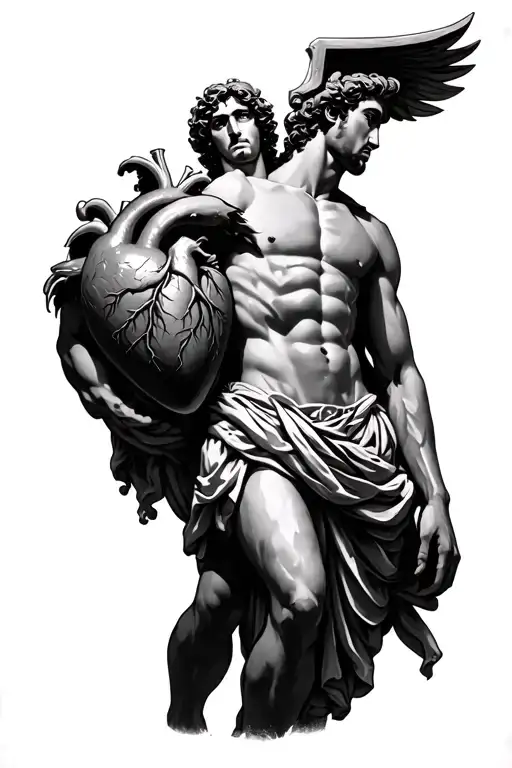Atlas from greek mythology carrying a large human heart on his back in black and white tattoo design idea