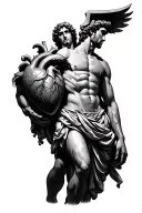 Atlas from greek mythology carrying a large human heart on his back in black and white tattoo design idea