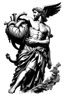 Atlas from greek mythology carrying a large human heart on his back in black and white tattoo design idea