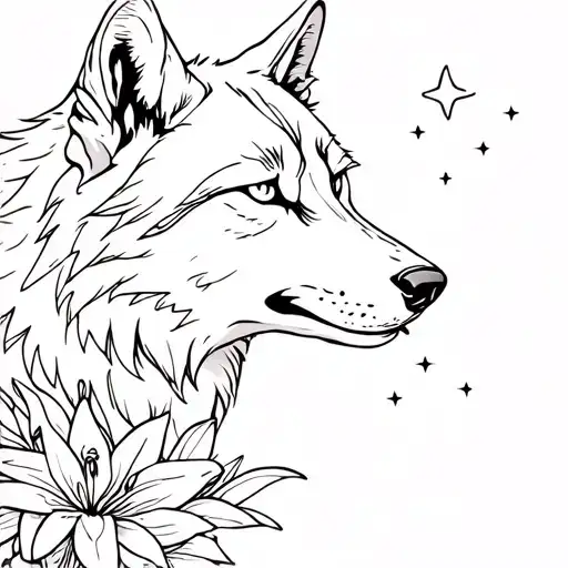 A wolf with calm eyes, surrounded by lilies or small stars. tattoo design idea
