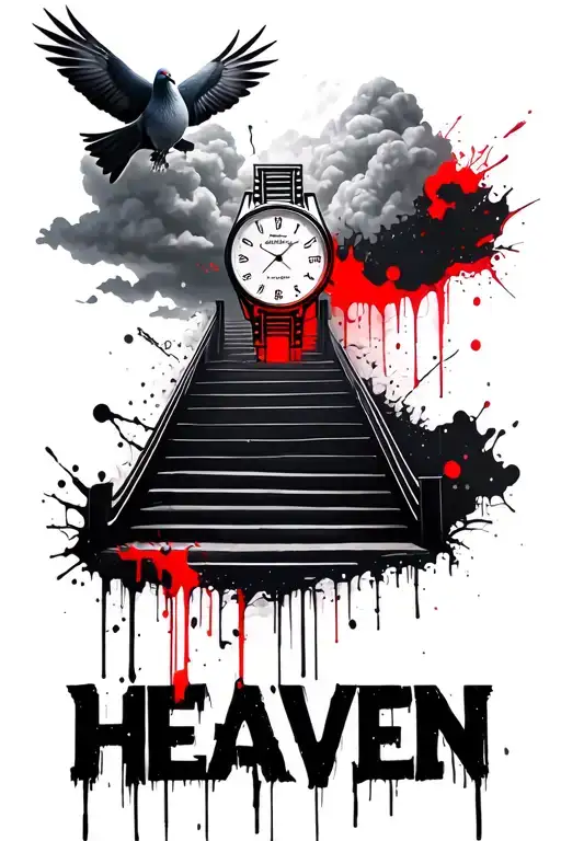 Heaven stairs, clouds, pigeon, large broken watch, sky gate, sky light tattoo design idea