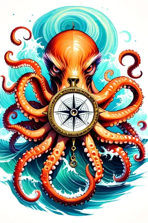 angry kracken octopus in ocean with nautical compass in middle with tentacles out wide with waves tattoo design idea