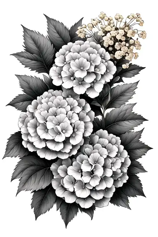 hydrangea and wattle flowers tattoo design idea