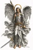 angel Gabriel in front with sword with wings tattoo design idea