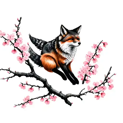 A MAJESTIC FOX HOVERING OVER A BRANCH OF A CHERRY BLOSSOM. ALL IN A JAPANESE SPIRIT WITH WATERCOLOR COLORS. tattoo design idea