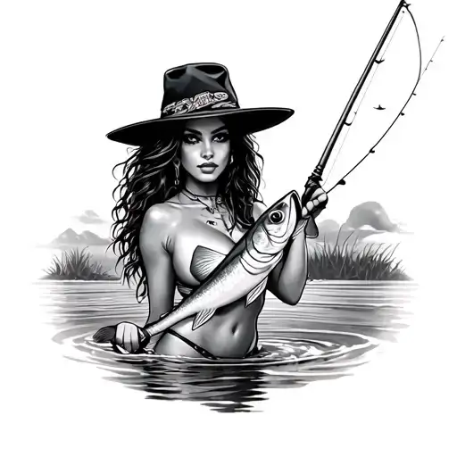 scantily  clad Latina fishing tattoo design idea