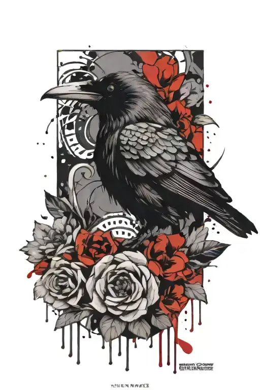 raven and flowers tattoo design idea