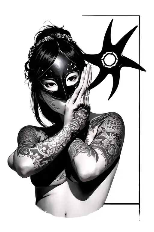 asian woman holding a mask and a shuriken, her hands crossed infront of her face, the mask covering her face tattoo design idea