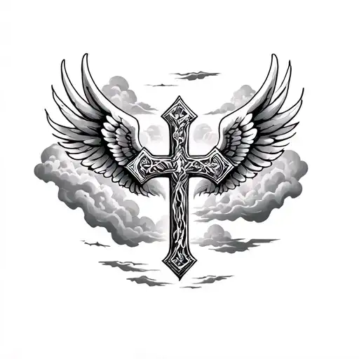 cross with wings and faded clouds around tattoo design idea