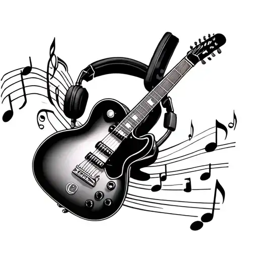 a guitar with a music staff going into a set of headphones tattoo design idea