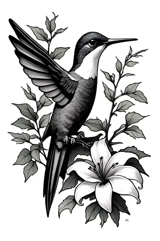 Can you create a tattoo for me combining the ideas of a humming bird, ivy, a trumpet vine, and lilies. verticalfine line tattoo design idea