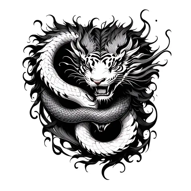 chinese dragon tiger snake intertwined hearts tattoo design idea
