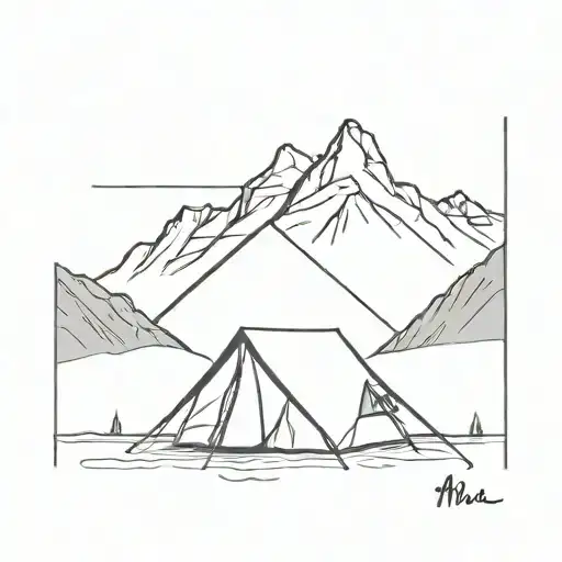 A simple tent in front of a mighty mountain landscape tattoo design idea