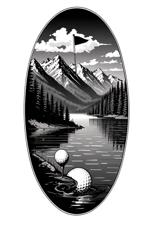 lake surrounded by mountains with golf flag intertwined tattoo design idea