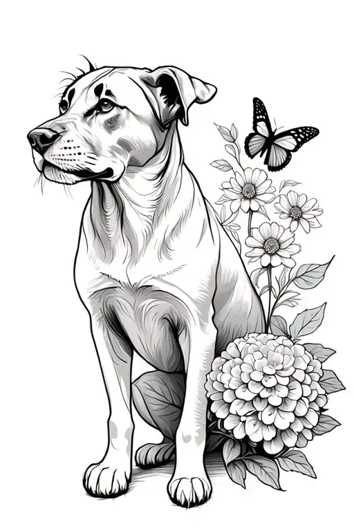 lioness, German short hair pointer, black lab, butterfly, chrysanthemum flowers, and hydrangea flowers tattoo design idea