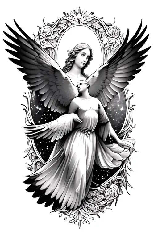 mary 2 doves flying and lights tattoo design idea