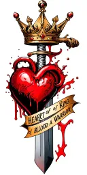 bloody dagger going through a heart with a crown and words heart of a king blood of a warrior  tattoo design idea