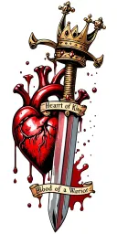 bloody dagger going through a heart with a crown and words heart of a king blood of a warrior  tattoo design idea