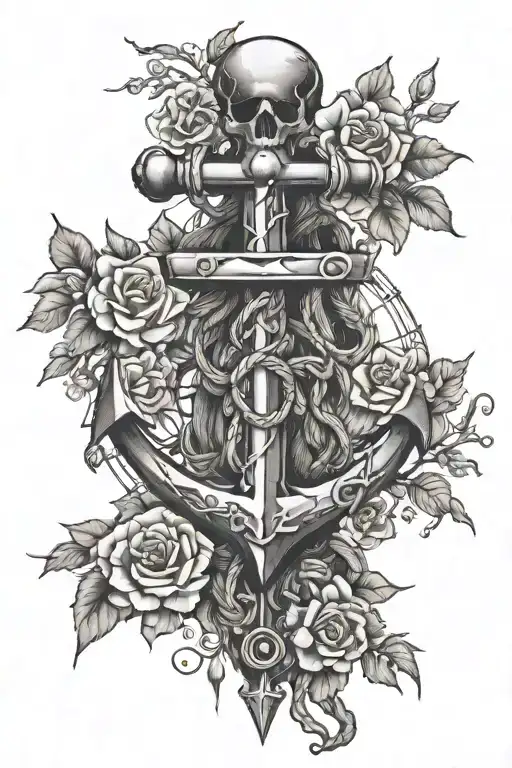 A marine anchor, the diamond and legs of the anchor are formed by tree roots, a rope and flowers surround tattoo design idea