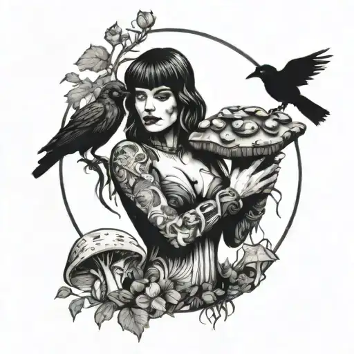 topless earthy women a raven, mushrooms and a hammer  tattoo design idea