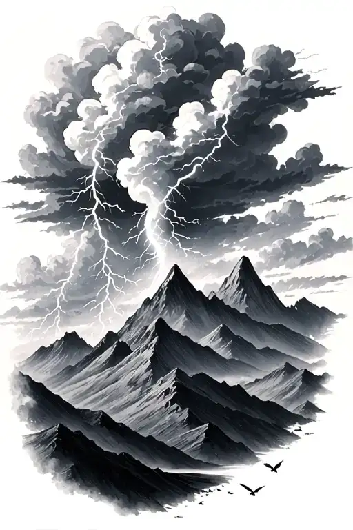 storm clouds with lightning over a mountain range with birds flying away realistic detail  tattoo design idea
