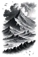 storm clouds with lightning over a mountain range with birds flying away realistic detail  tattoo design idea
