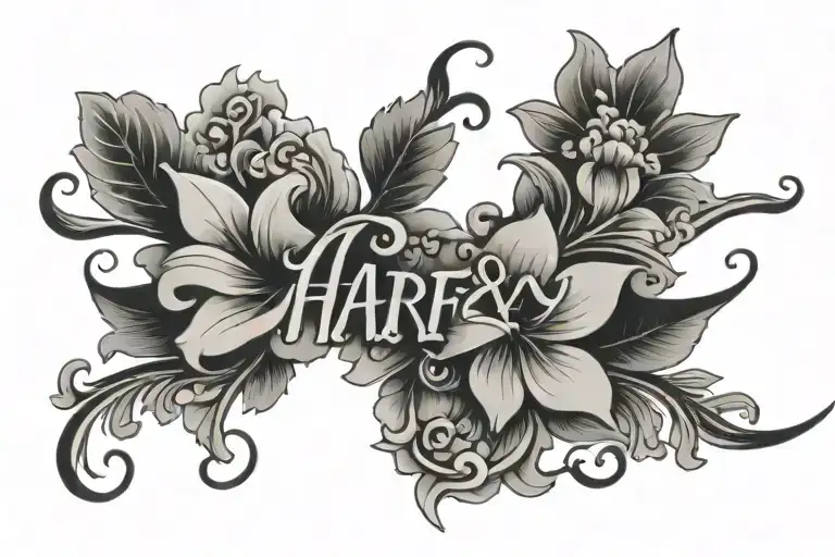 writing saying "Harfy" with floral patterns tattoo design idea