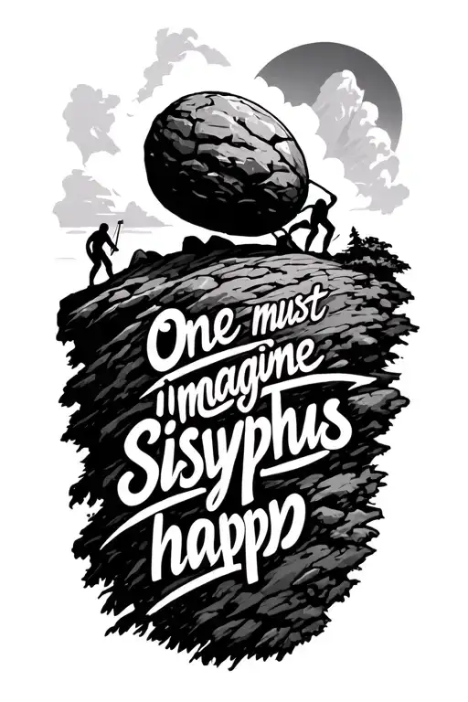 "One must imagine Sisyphus happ" Sisyphus pushing the boulder up the mountain with the ground made up of the text tattoo design idea