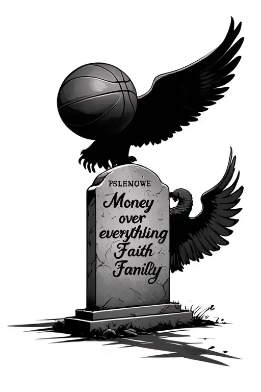 basketball ,tomb stone in background an infront of that is wings and "Money over everything except faith family" tattoo design idea