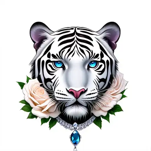 White bengel tiger with one light blue eye and one lilac eye with white thorn roses and a blue sapphire stone necklace tattoo design idea