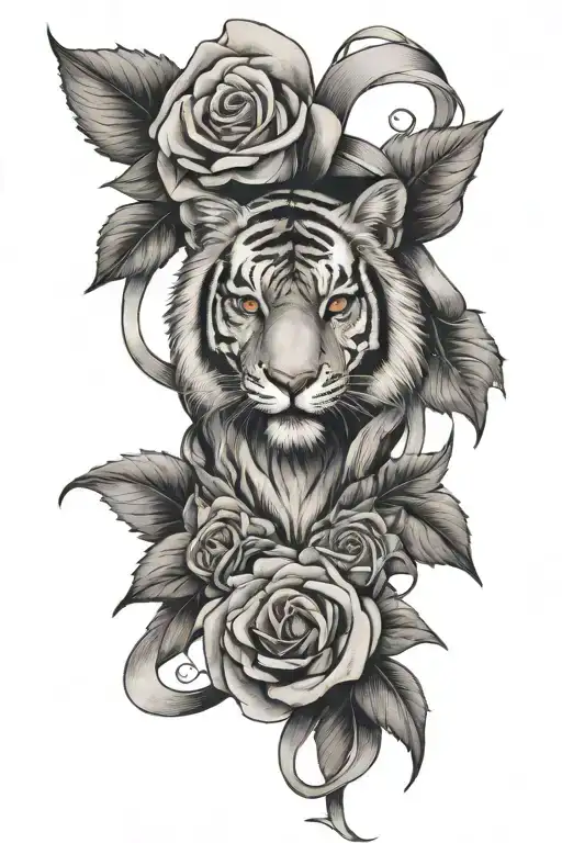 forearm sleeve tattoo with tiger face inside cross and roses with ribbons that have matthew 6:27 tattoo design idea