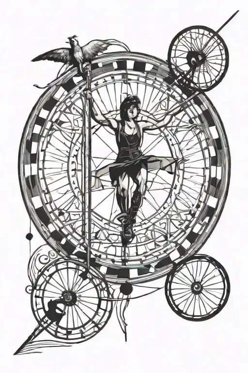 Beautiful circus wheel and tightrope walker with a stick on the foreground tattoo design idea