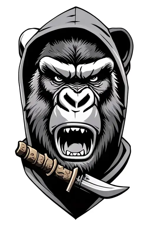 angry gorilla face , a warrior wielding wearing a gorilla hoodie tattoo design idea