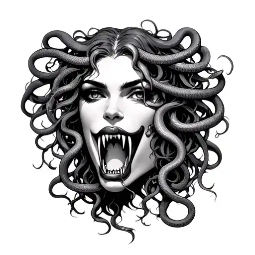 Medusa baring fangs with snakes as her hair  tattoo design idea