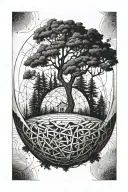 tree around sphere floating tattoo design idea