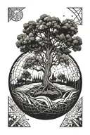 tree around sphere floating tattoo design idea