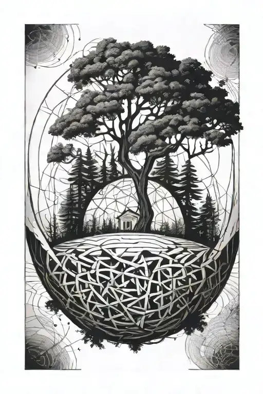 tree around sphere floating tattoo design idea
