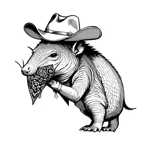 armadillo with cowboy hat on head and bandana mask holding tattoo design idea