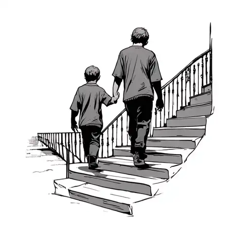 Older brother and younger brother walking away going up stairs holding hands tattoo design idea