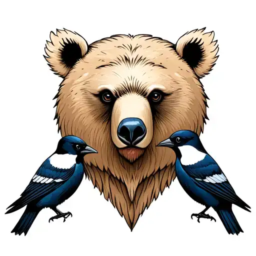 bear face central, 2 magpies either side chest tattoo tattoo design idea