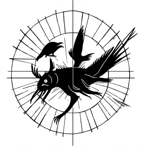 geometric pattern of crow black panther, black hole and angler fish tattoo design idea