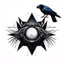 geometric pattern of crow black panther, black hole and angler fish tattoo design idea