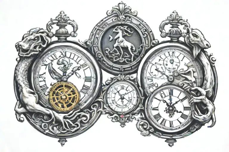 image of a Libra and capricorn holding 2 small pocketwatches tattoo design idea