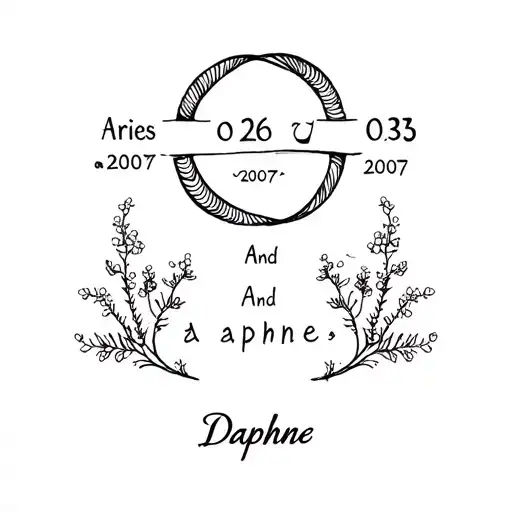 A tattoo of Aries zodiac sign and a number of 03/26/2007, And a name Daphne, and baby's breath flower  tattoo design idea