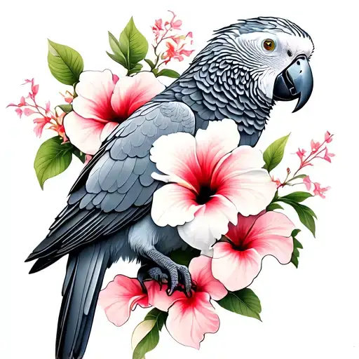 African Grey parrot perched + hibiscus flower + bougainvillea flower tattoo design idea