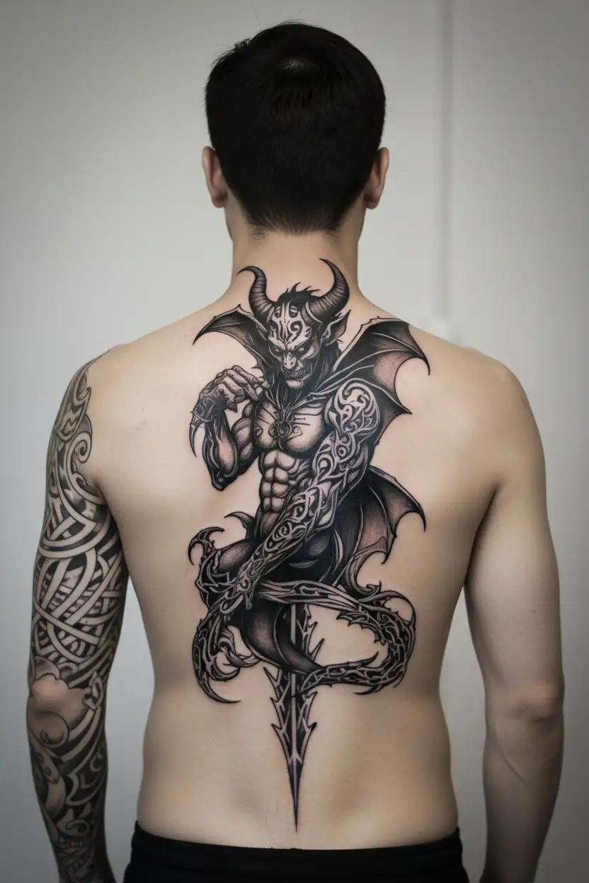 devil with wings and the number 666 symbols incorporated tattoo design idea